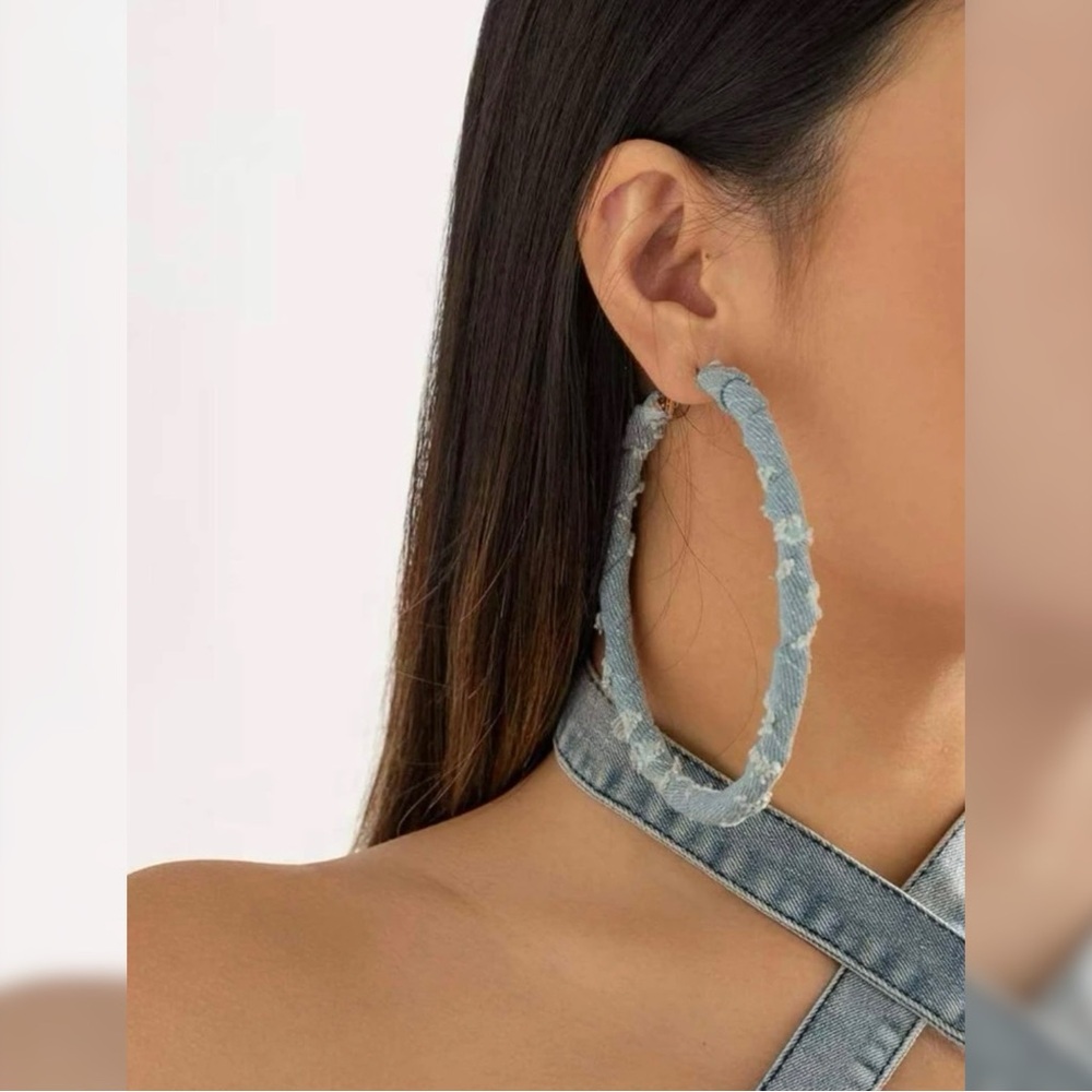 Bold Denim Hoop Earrings Light Wash Blue 3.5” Drop